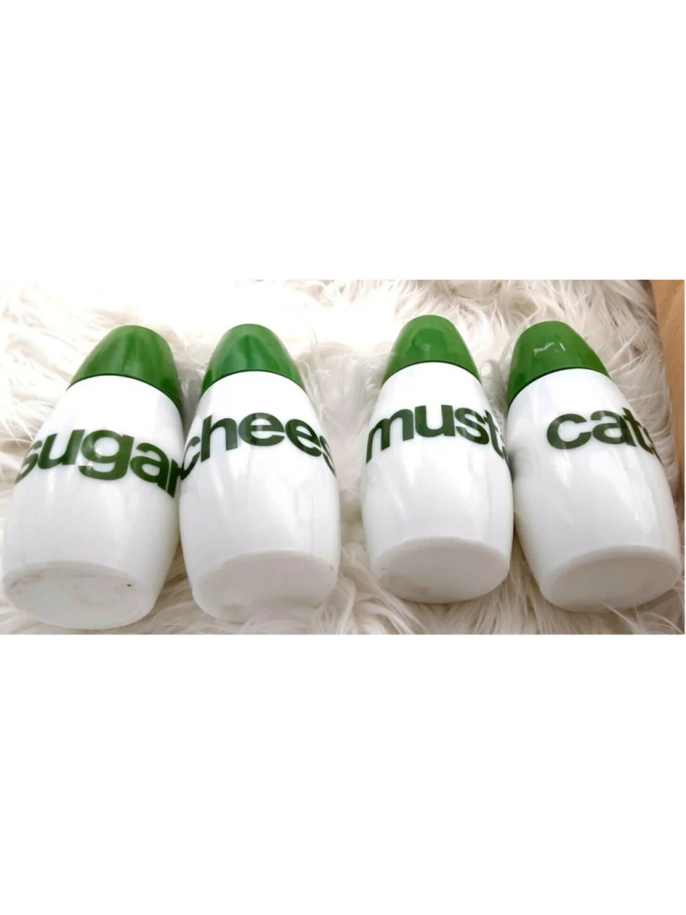Vintage Condiment Set Green & White 4 piece set Cheese, Mustard, Catsup, Sugar